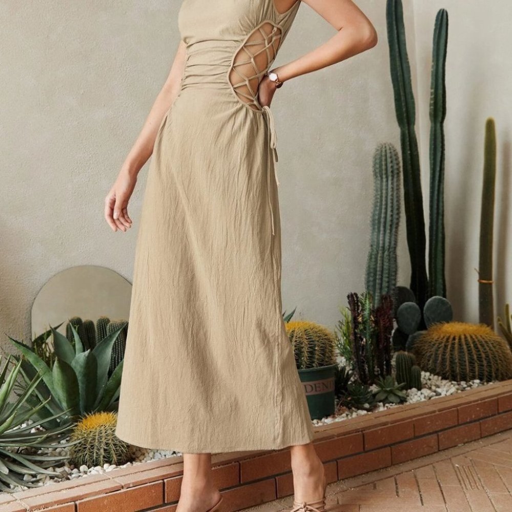 KAHKI RUNCHED LACE UP WAIST SPLIT HEM MAXI DRESS SUMMER BOHO CHIC - Picture 3 of 6